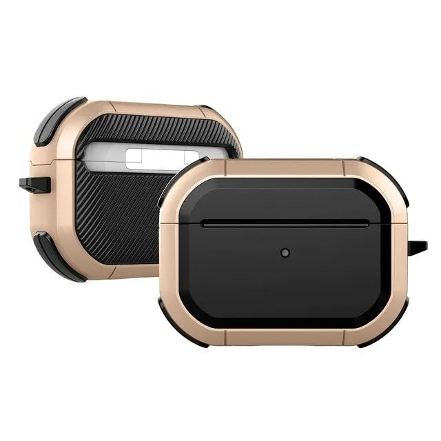 Black TPU and PC protective shell on an AirPods Pro charging case.