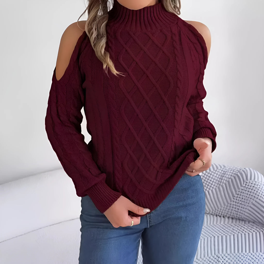 Women's strapless twist design casual sweater in acrylic fabric with half-high collar and lantern sleeves