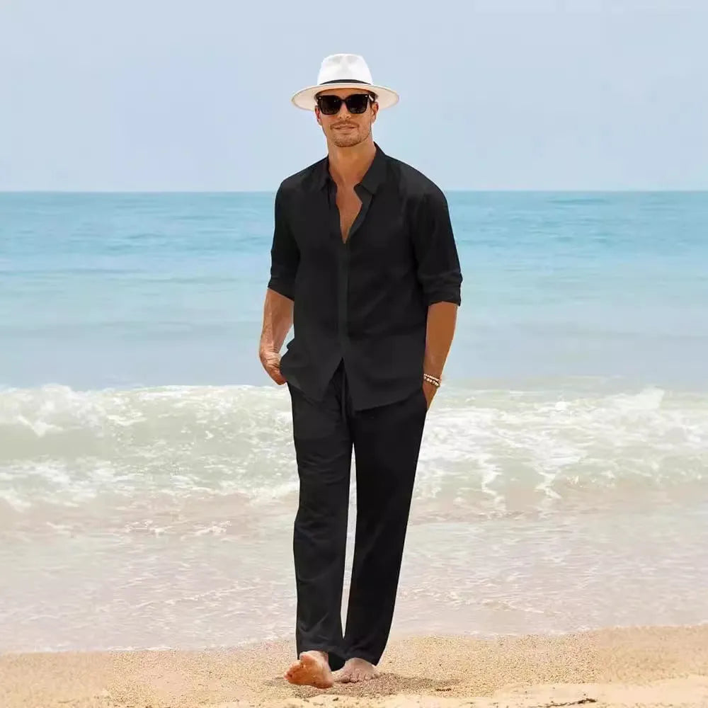 Men's cotton casual set with long-sleeved top and trousers in black white gray khaki sky blue sizes S to XXXL