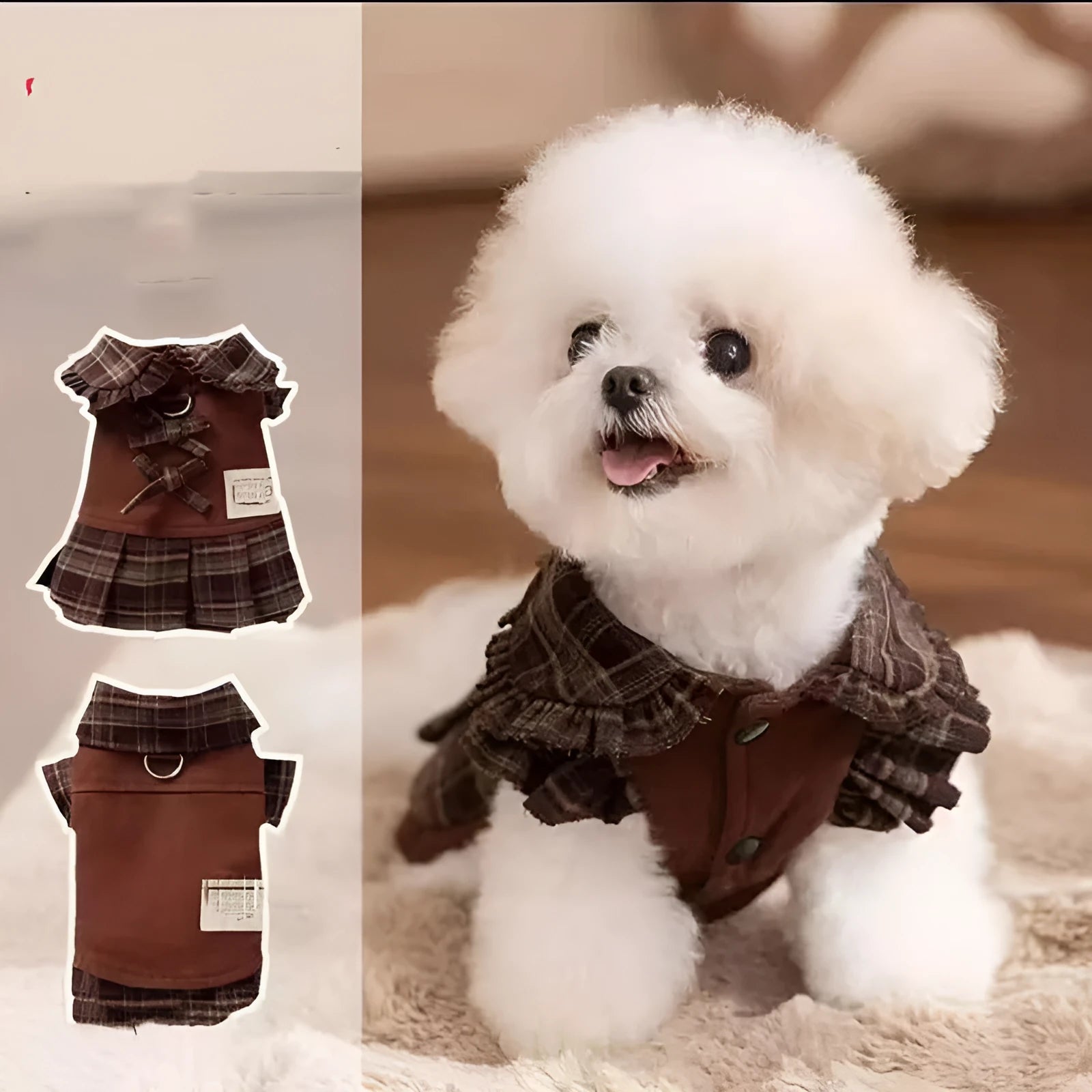 Autumn winter dog skirt with check pattern and thermal wool lining, featuring stretchable knitted fabric for small and medium dogs