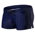 Men's black high waist swimming trunks with lace-up front closure, polyester fabric with spandex lining