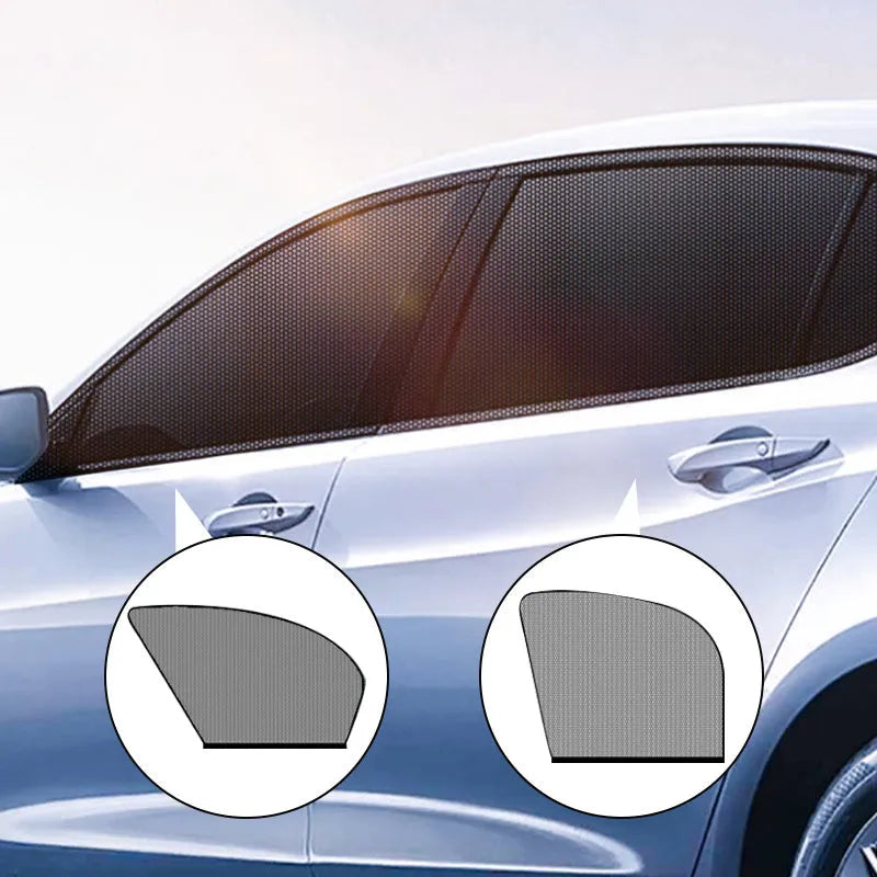 Set of grey non-woven fabric car side window sunshades with elastic edges on a car window.