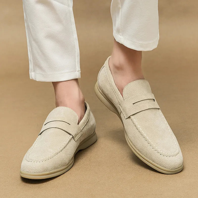 Men's leather slip-on casual shoes in black, beige or khaki with round toe and oversleeve design