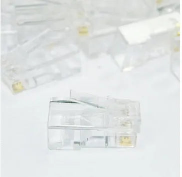 White RJ45 modular network connector with gold-plated three-fork contacts for Ethernet cable termination