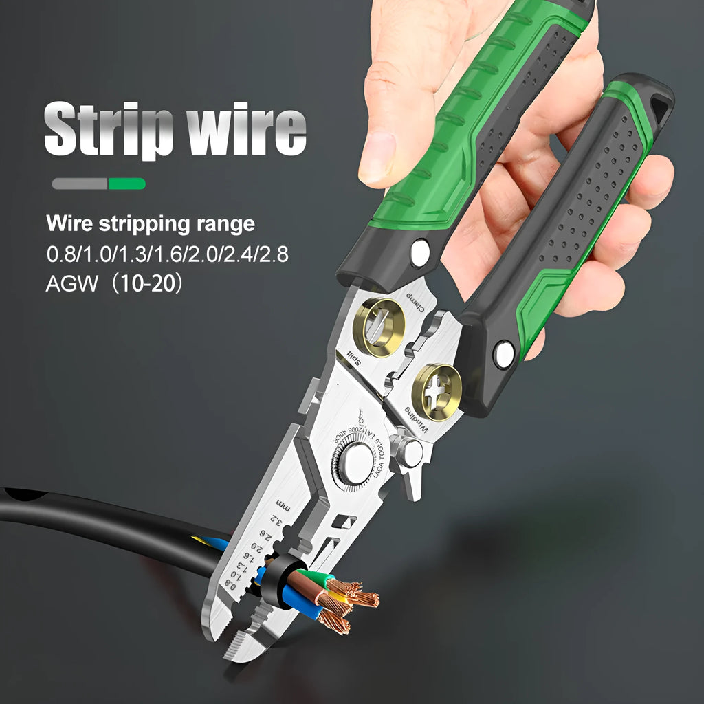 Stainless steel 7 in 1 wire stripper tool with two-colour handle and straight design.