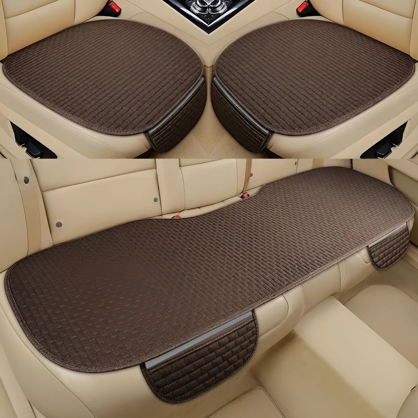 Linen car seat cushion in charm coffee colour, showing hemming detail, on a car seat.