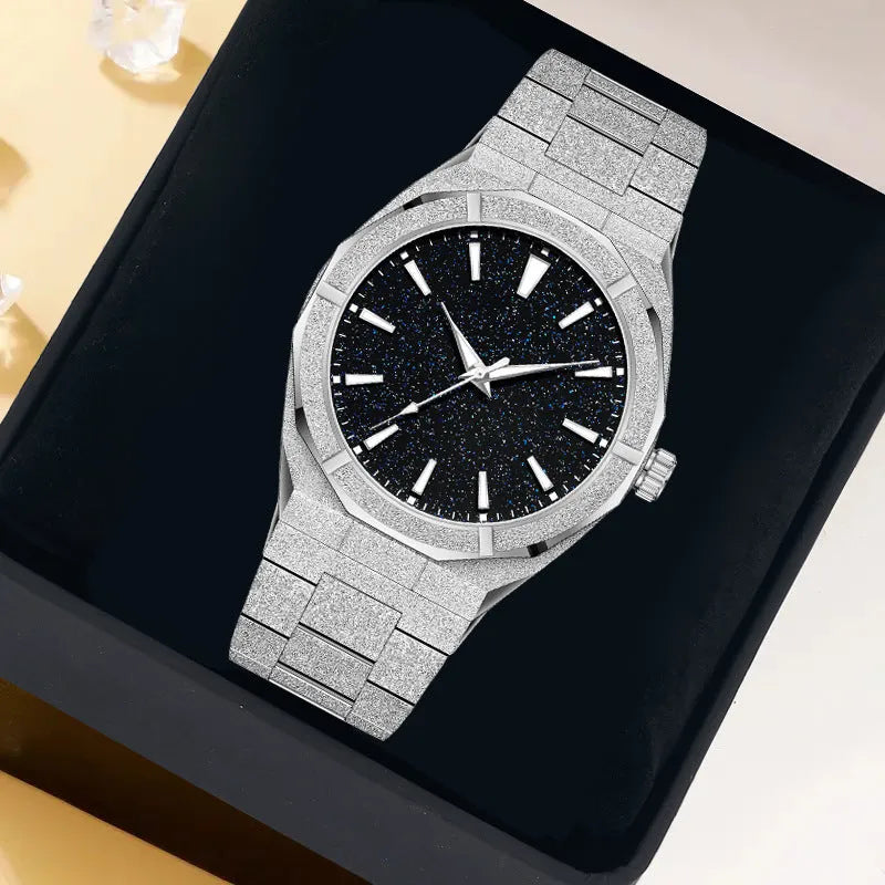 Men's stainless steel business watch with luminous markers in black, gold, or silver