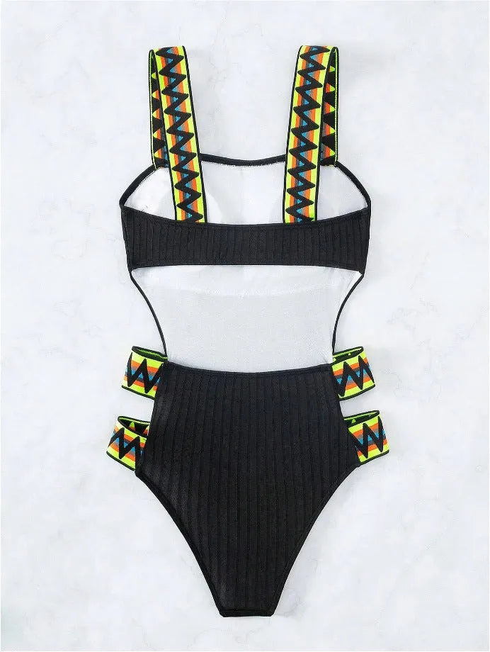 Women's solid colour one-piece swimsuit bikini in polyester fabric available in black or orange