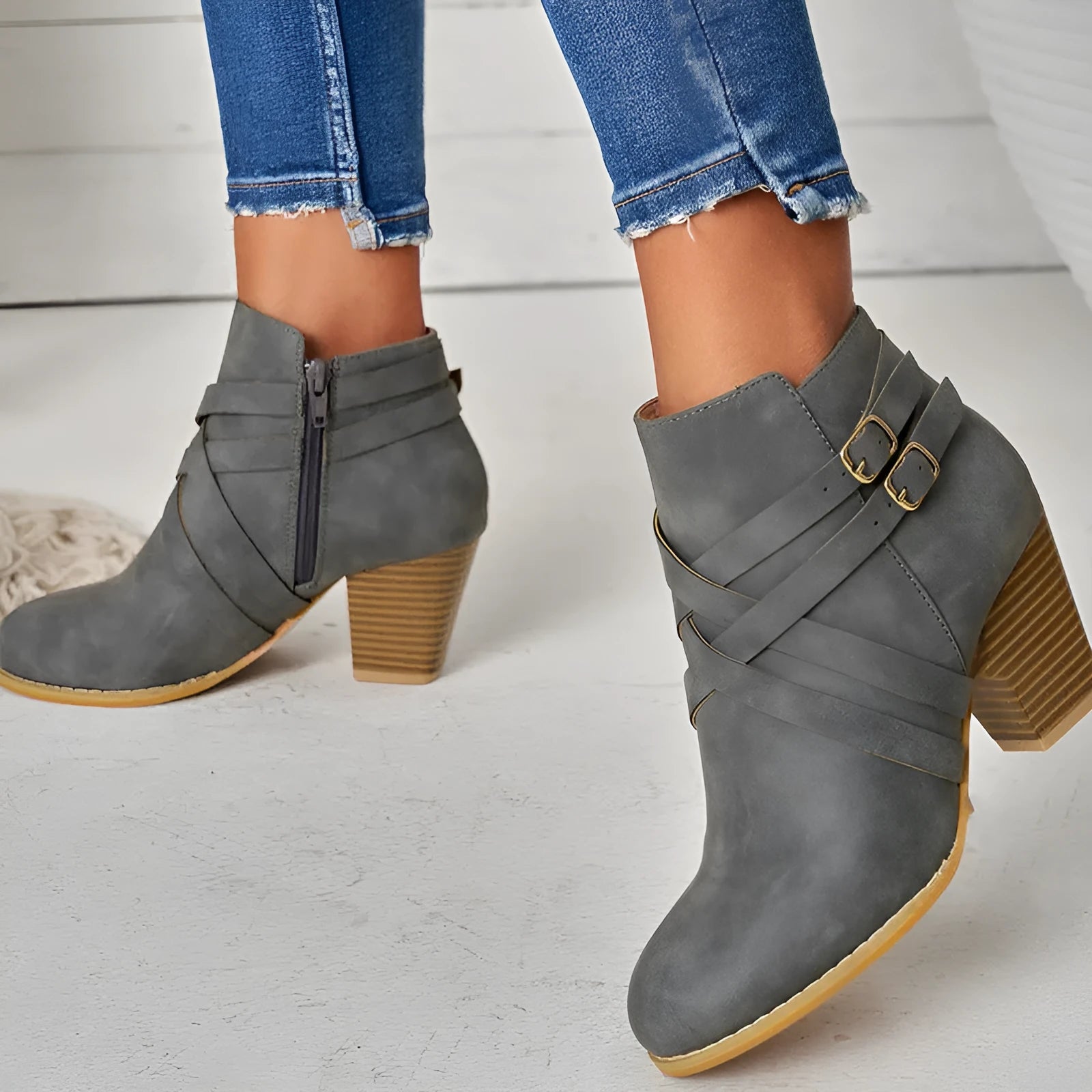 Gray plus size short boots with a 7cm stout heel, side zipper, and rubber sole.