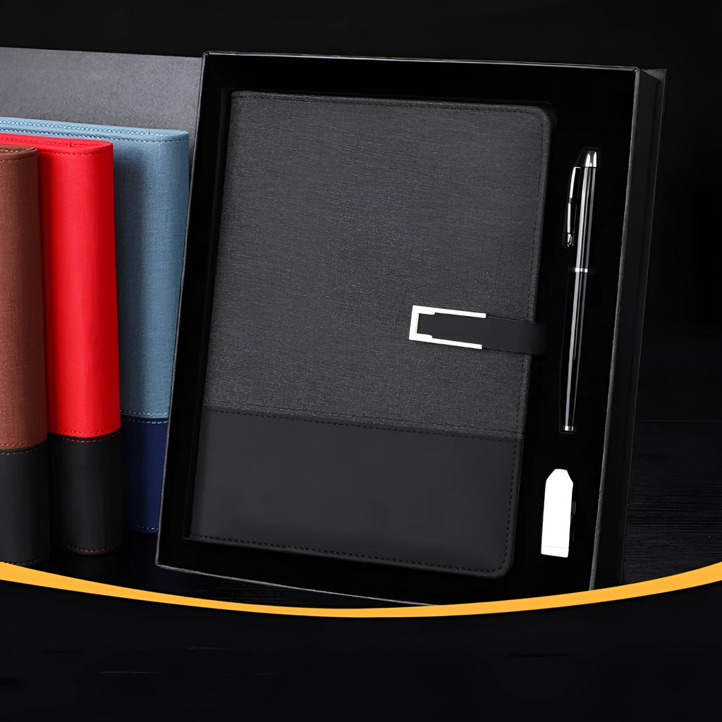 A5 soft PU leather notebook in brown, open on thick wood-free paper.