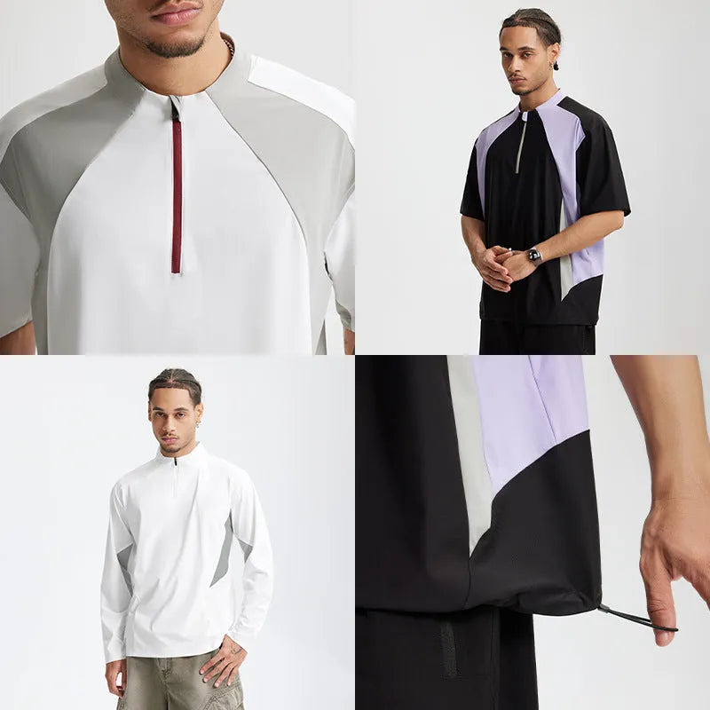 Men's lightweight polyester leisure shirt in solid black and beige colours with stitching details