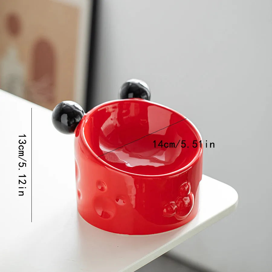 Ceramic high-footed double pet bowl with tilted anti-spill stand, in white, for cats and dogs