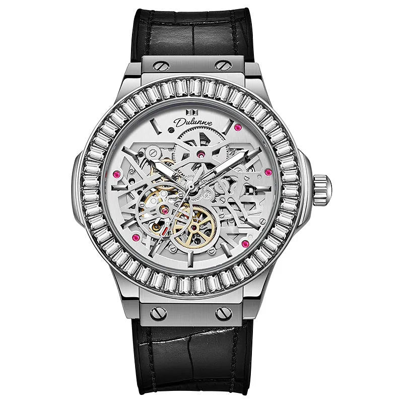 Men's automatic mechanical watch with diamond-studded bezel and skeleton movement visible through dial