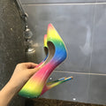 Rainbow patent leather women's high heels with pointed toe and thin stiletto heel in 10cm or 12cm height options
