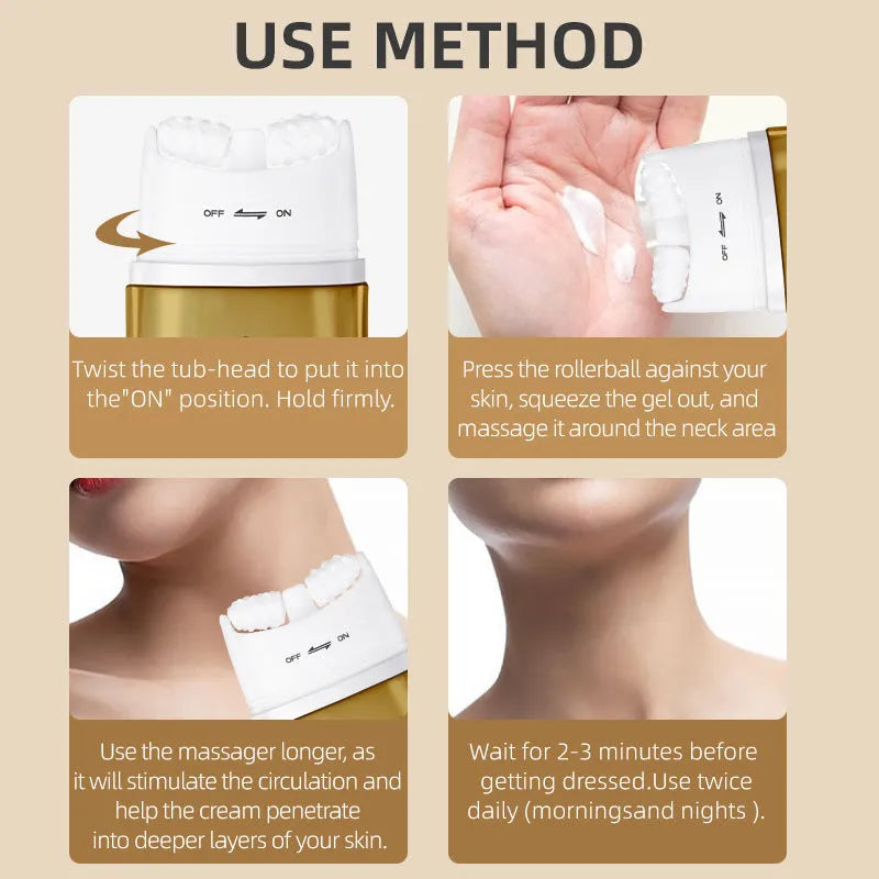 Neck moisturising cream tube with a silver massage roller applicator for dry skin.