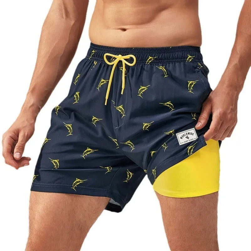 Men's loose fit quick-drying swimming trunks in various floral patterns and solid colours