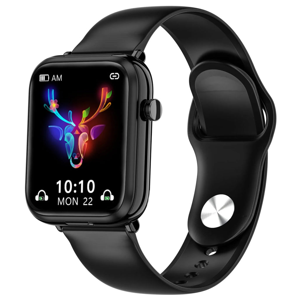 Black zinc alloy smartwatch with 1.69-inch touch screen showing heart rate data, next to its magnetic charging case.