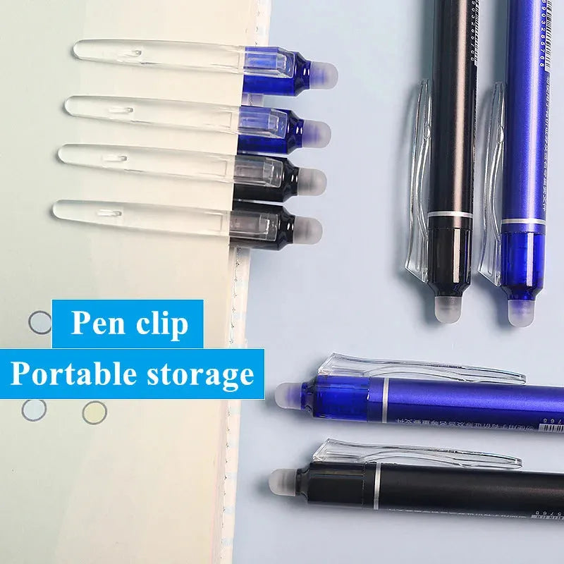 Hot Erasable Push Gel Pen with 0.5mm stainless steel nib and plastic body in blue or black ink.
