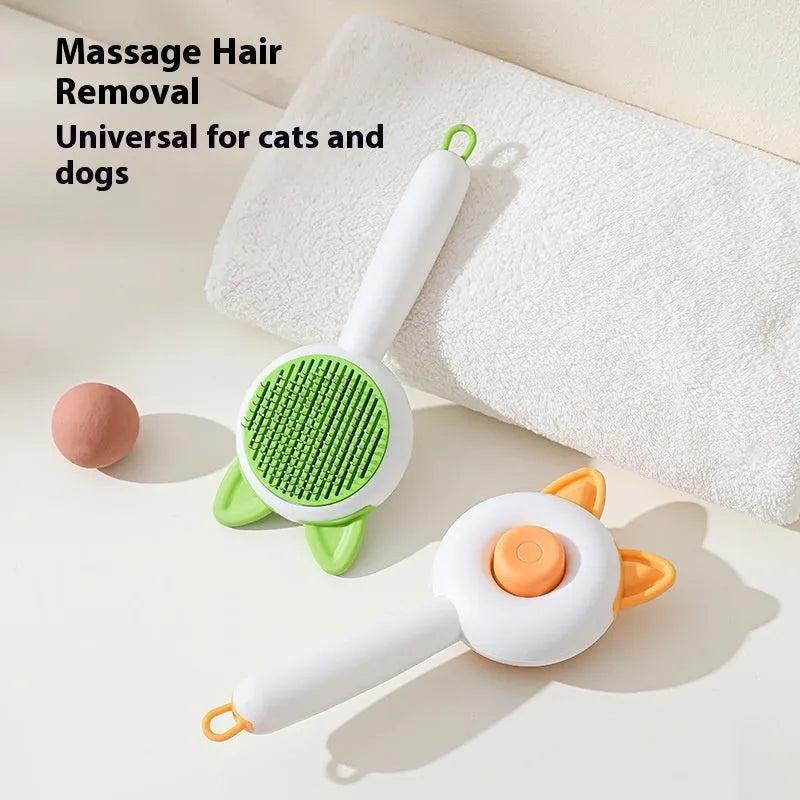 Self-cleaning pet grooming brush with stainless steel bristles and TPR massage tips in greenish white colour