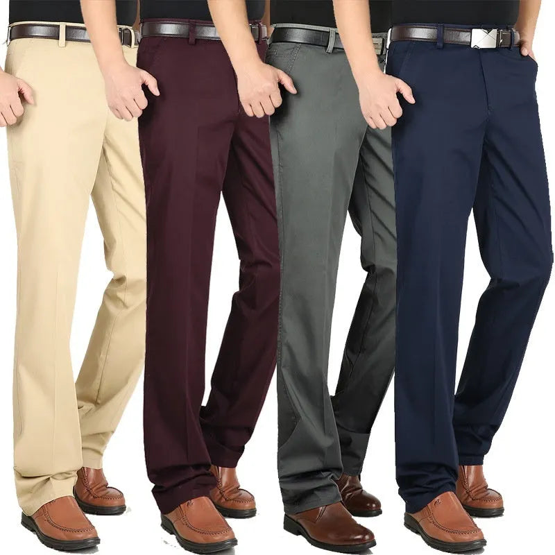 Men's elastic cotton high waisted loose trousers in khaki yellow, front view