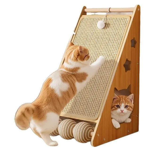 Vertical wall-mounted cat scratching board with sisal surface and a built-in teasing ball.