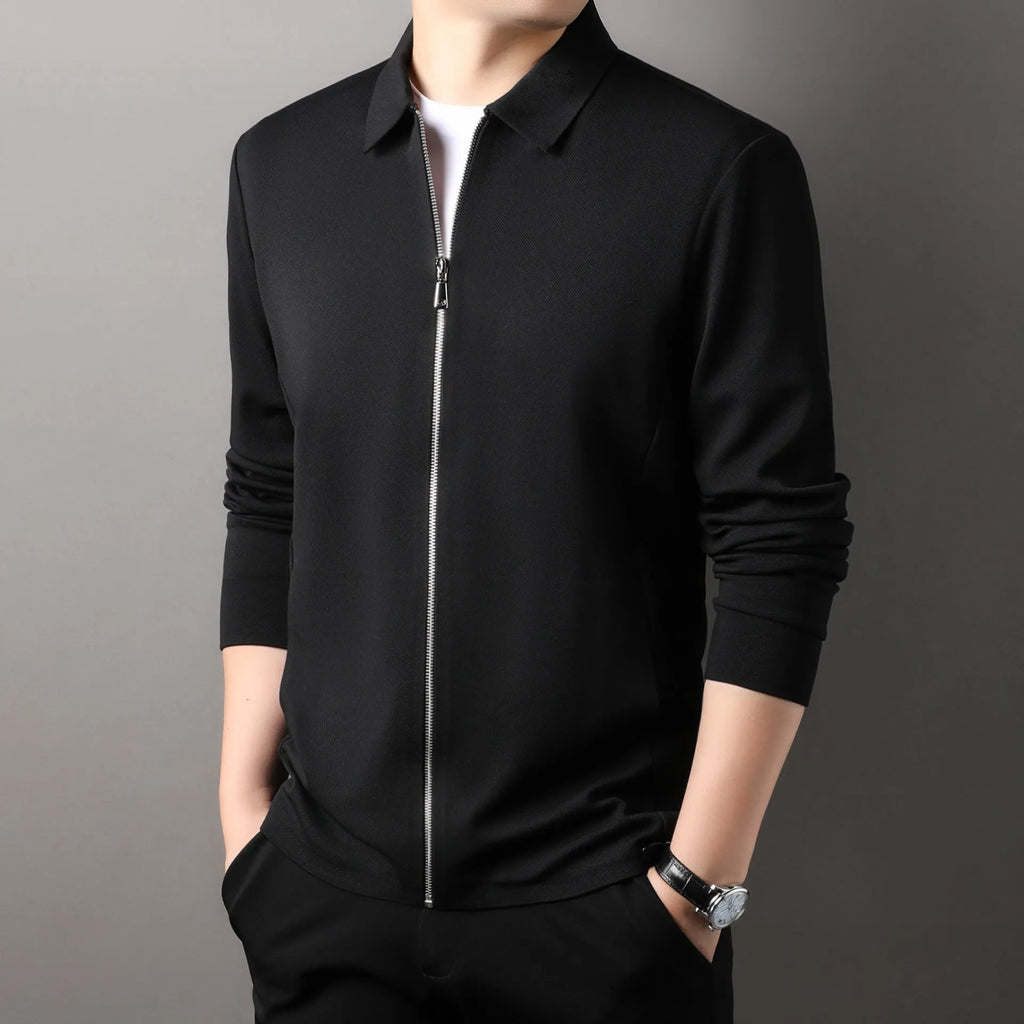 Men's collared business casual jacket in polyester, shown in black, dark grey, and apricot colours.