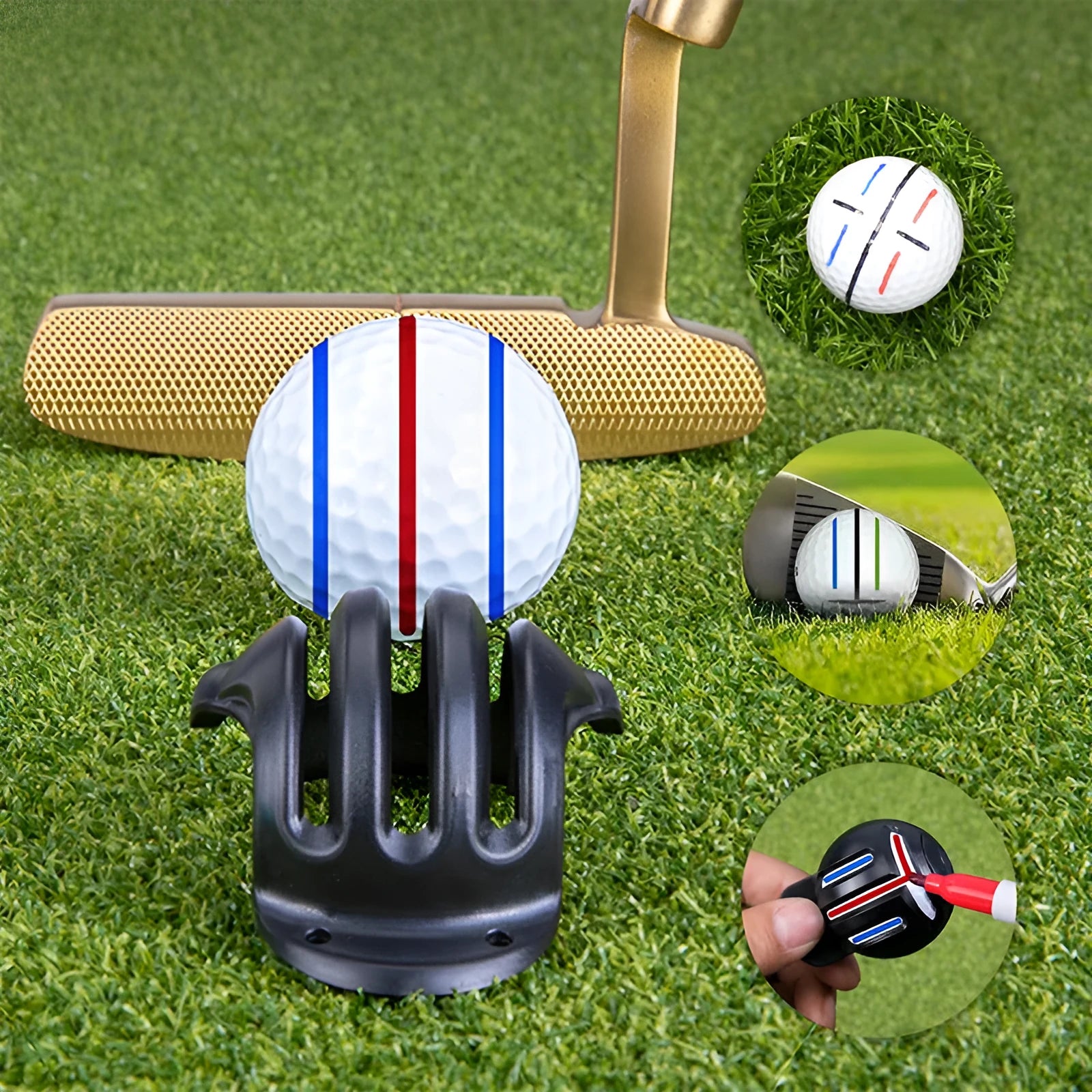 Plastic golf putter alignment scriber tool set with drawing pens on a putting green.