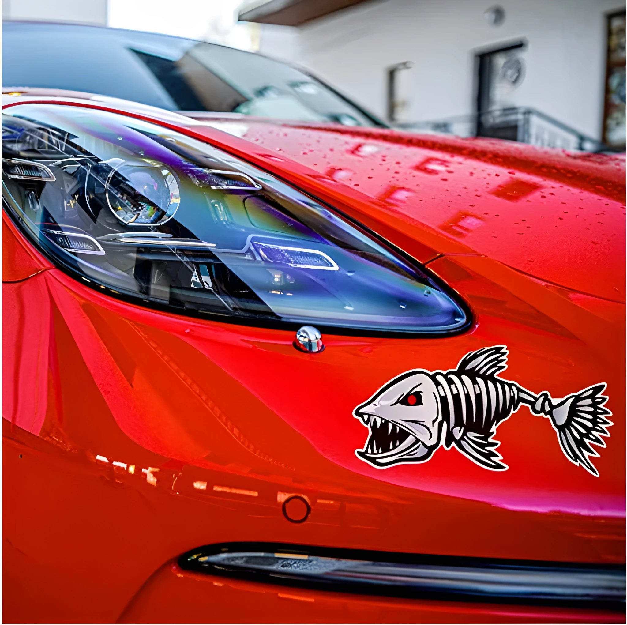 Reflective horror skeleton shark bumper sticker for fishing equipment in three size options