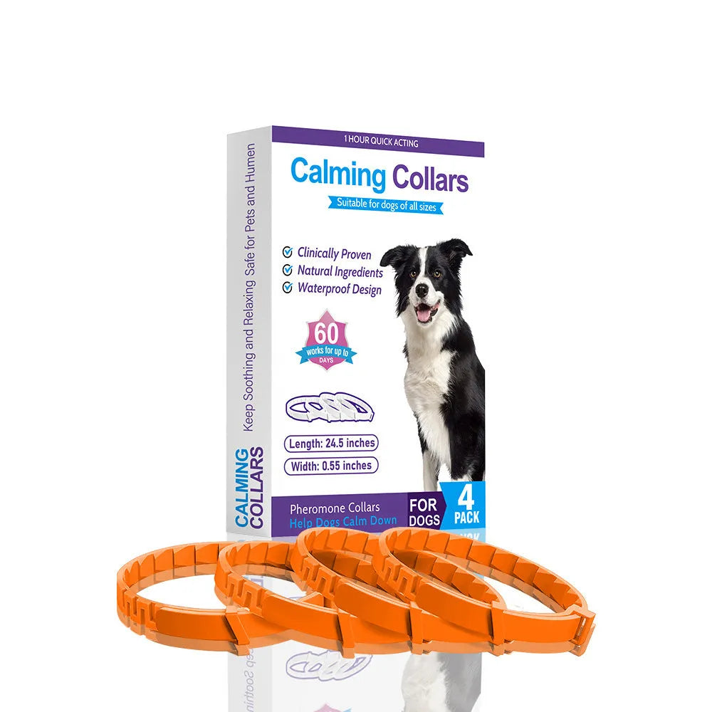 Pack of four solid colour TPR dog anxiety relief collars in Chinese style, laid flat.