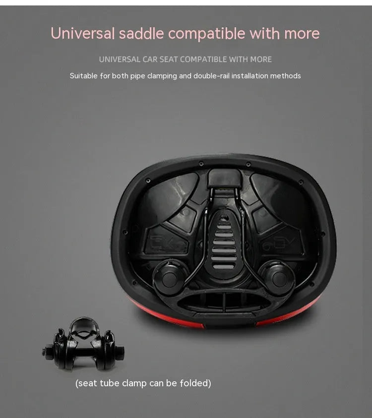 Red mountain bike saddle with thickened cushioning and reflective stickers, showing 210x270mm dimensions