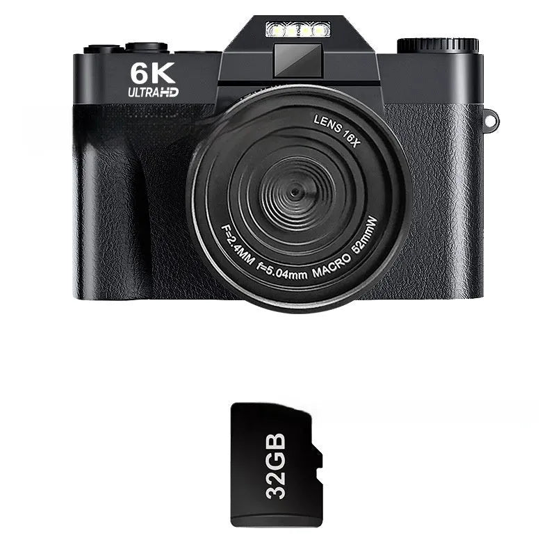 6K HD retro mirrorless camera in black with 32G card, compact design for travel photography