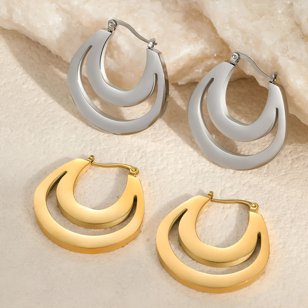 Geometric French earrings with round ring design in gold-plated 18K stainless steel