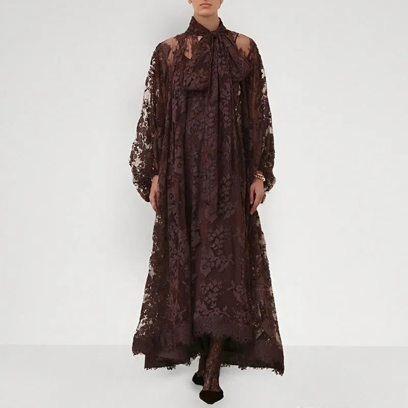 Women's hollow jacquard sling lace see-through ribbon dress, brown, with A-line skirt and lantern sleeves