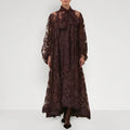 Women's hollow jacquard sling lace see-through ribbon dress, brown, with A-line skirt and lantern sleeves