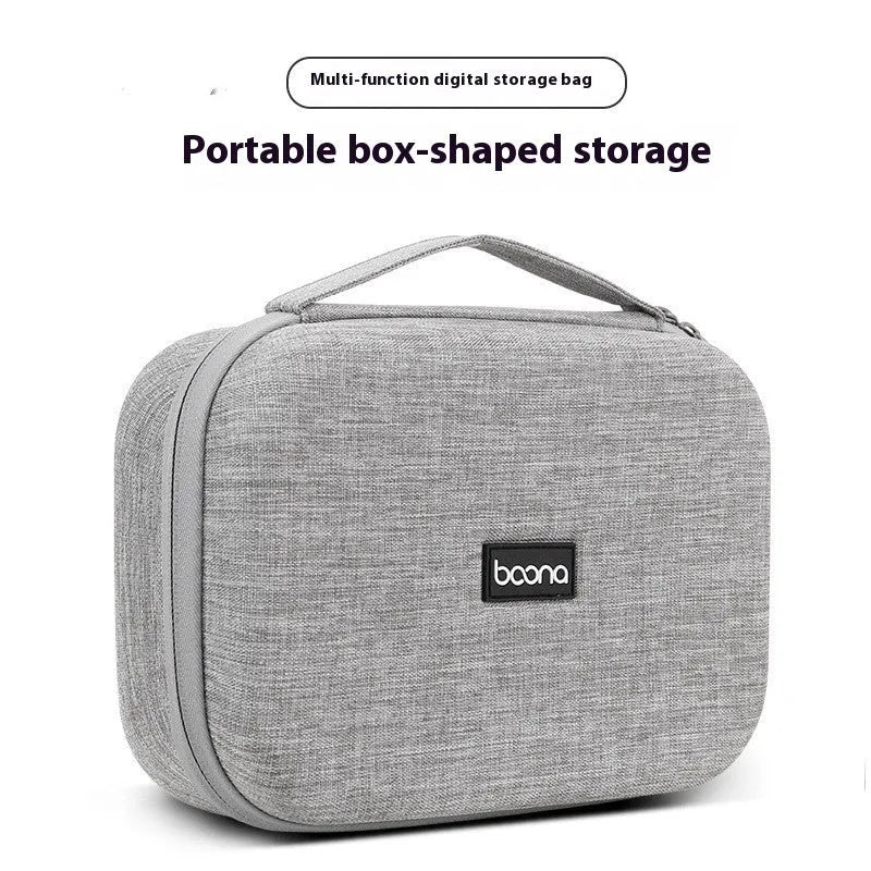 Gray multifunctional digital storage bag for data cable headset charger made from EVA material with sewing, holding cables and a charger