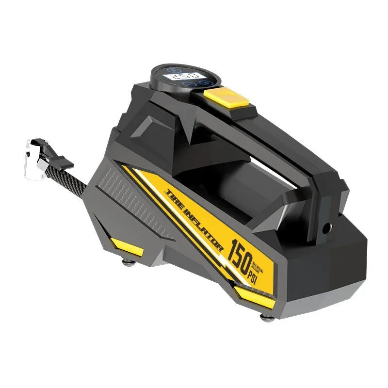 Black portable 12V car tyre inflator with digital display and LED light on a grey background.