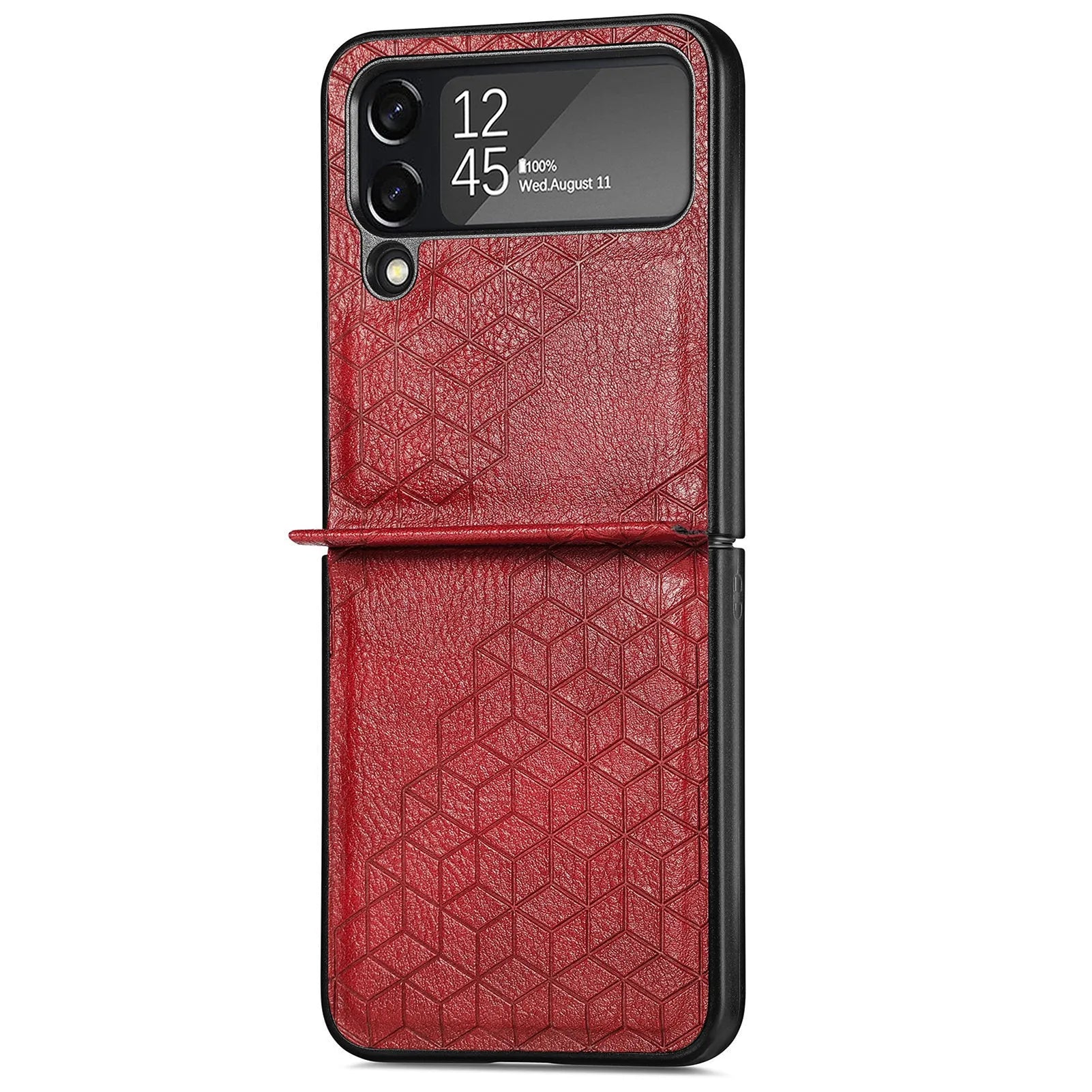 Solid colour rhombus leather pattern PU phone case for Samsung ZFLIP4 in black, showing back cover with textured surface