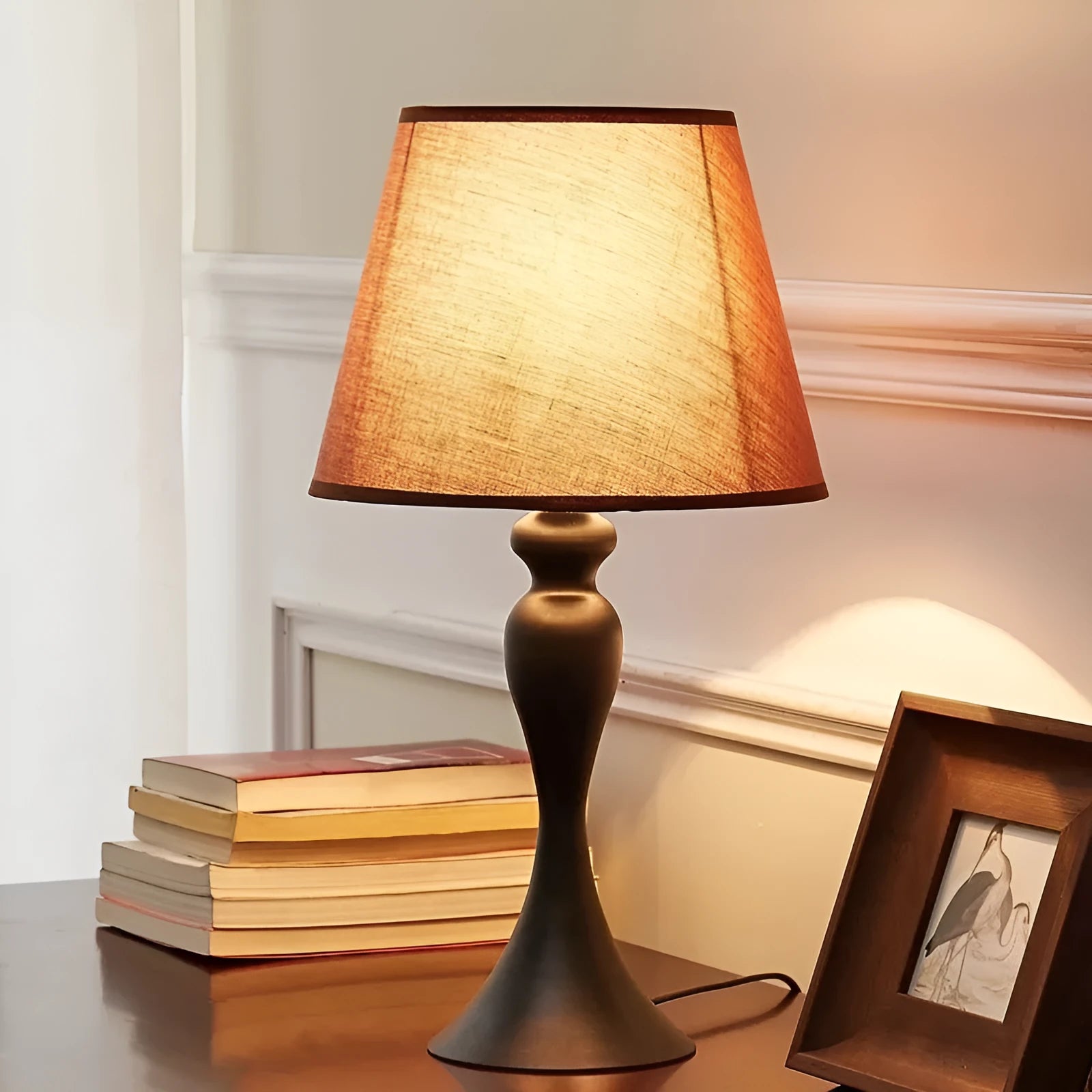 Retro alloy table lamp with dimmable LED lighting on wooden surface