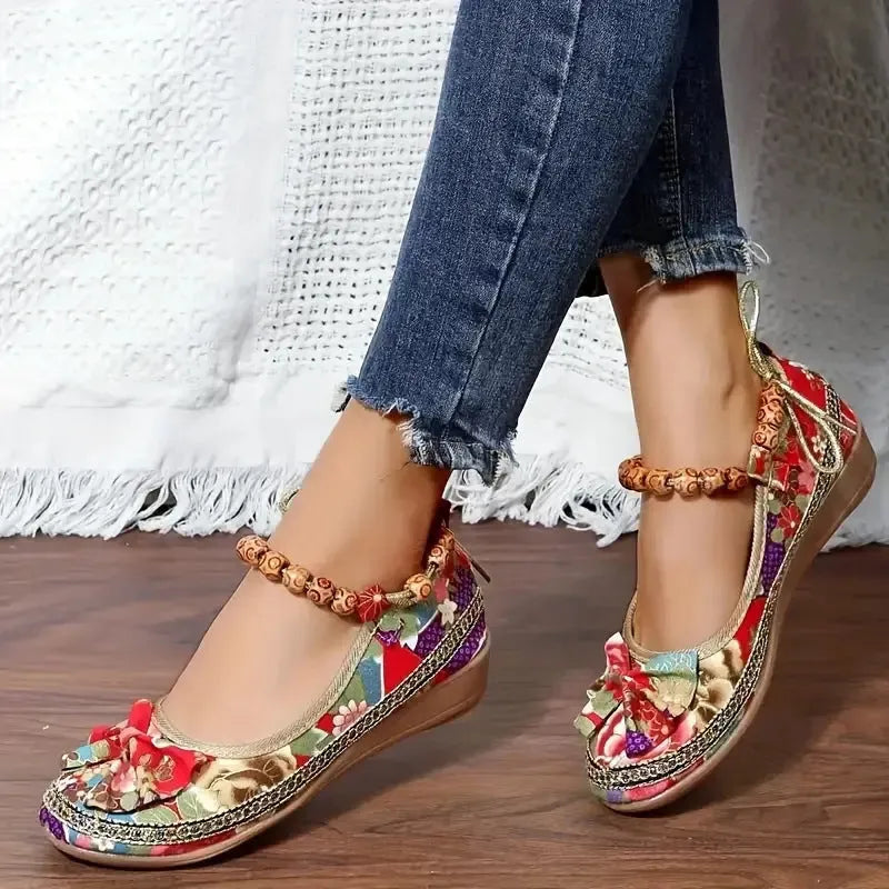 Women's plus size ethnic style platform sandals with cloth upper and elastic band fastening