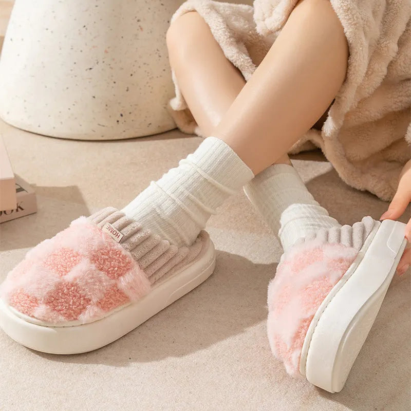Women's plush indoor slippers in grey with coral velvet upper and flat PVC sole.