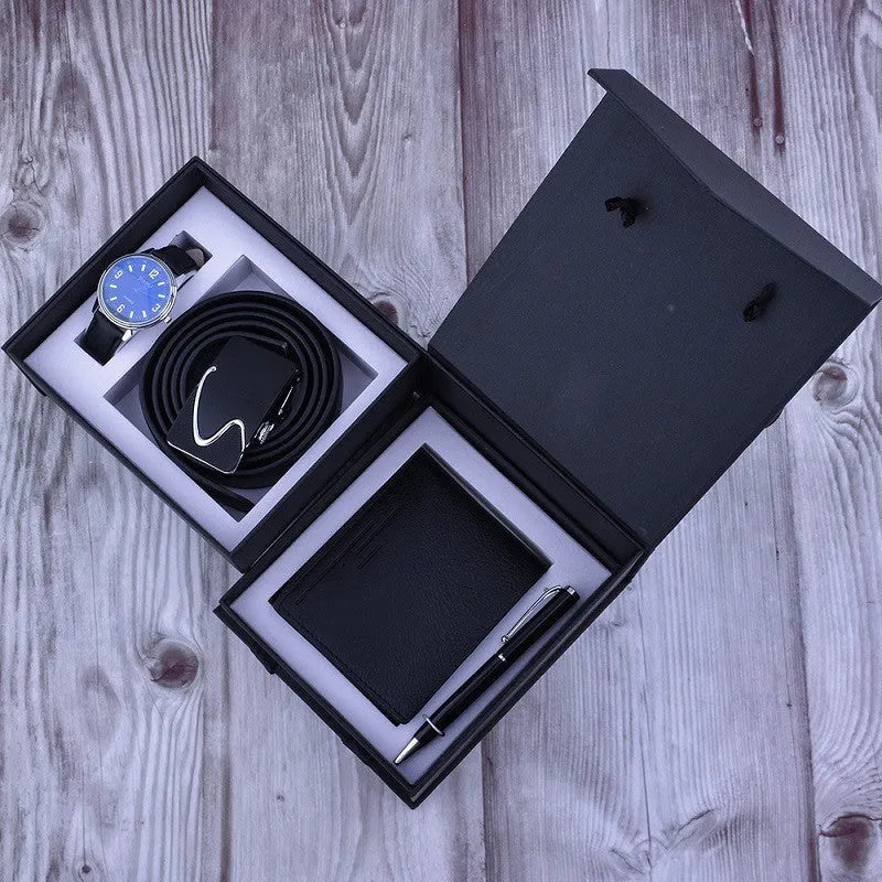 Business gift set for men with belt, wallet, quartz watch with leather strap, and pen in box
