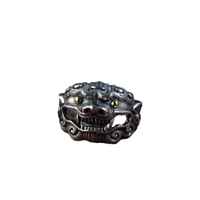 Silver open ring with detailed Jibeast pattern showing animal and zodiac modelling in retro style