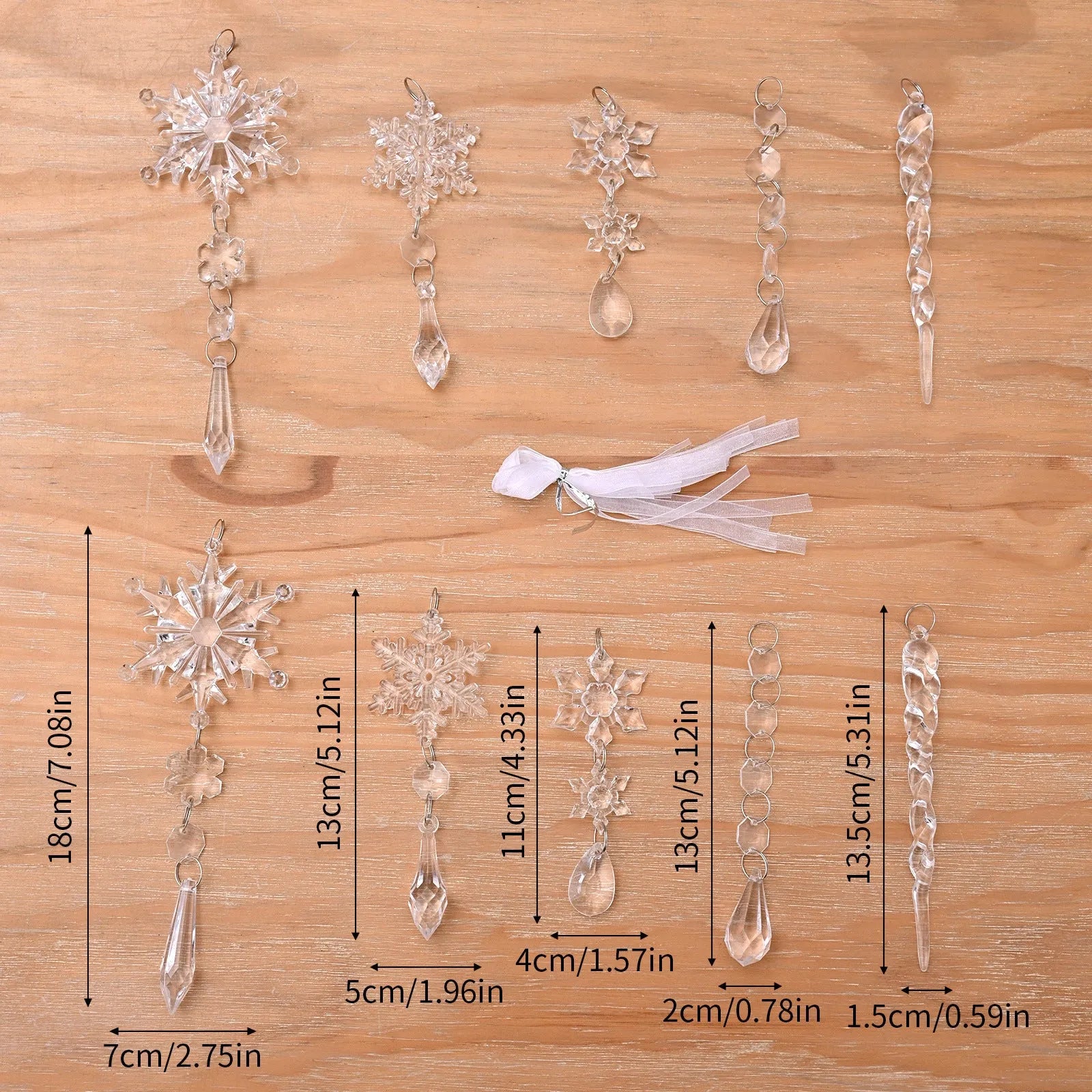 10pcs clear acrylic ice strip Christmas tree hanging pendants with ribbon for indoor outdoor decoration