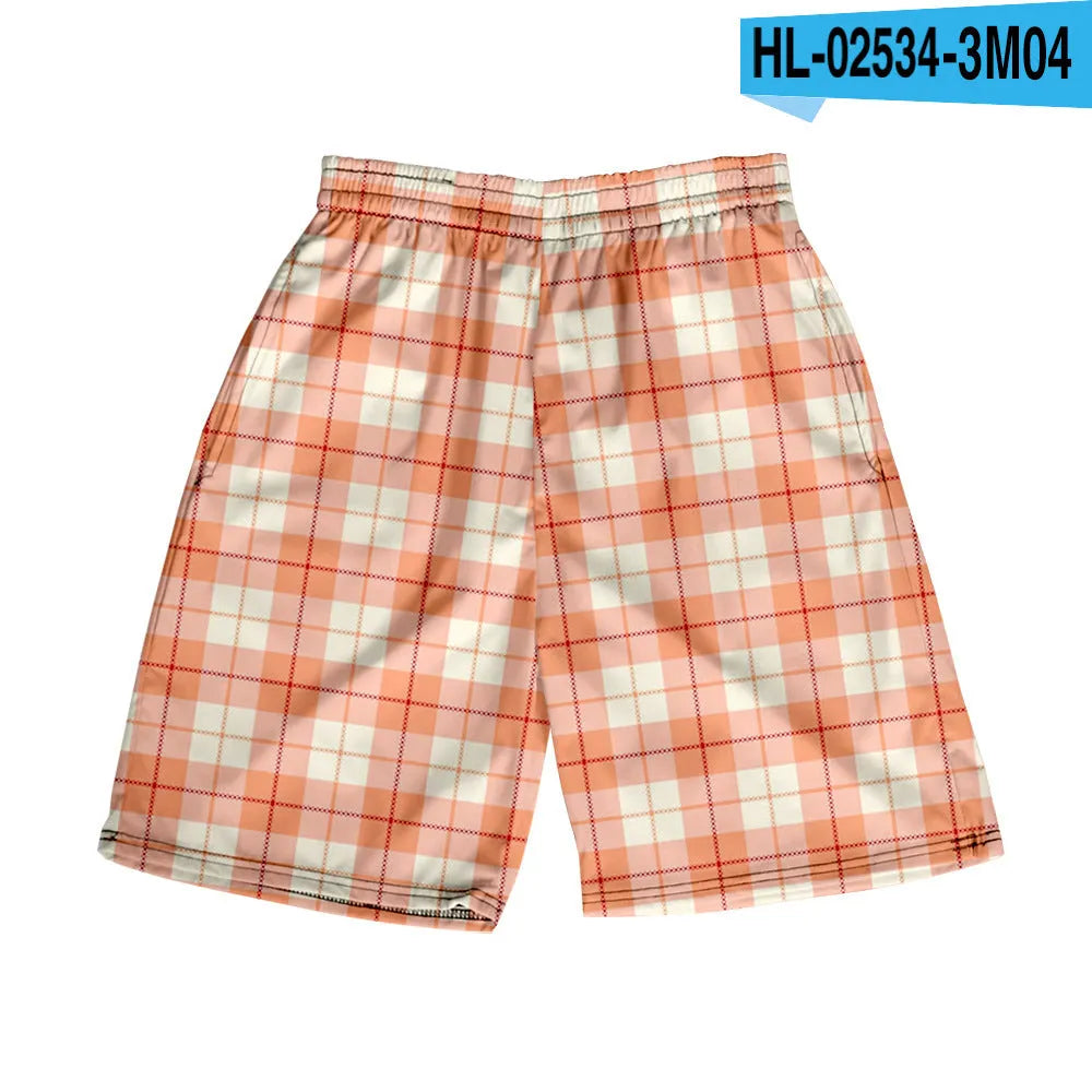 Men's blue and white plaid casual polyester shorts with an elastic waistband.