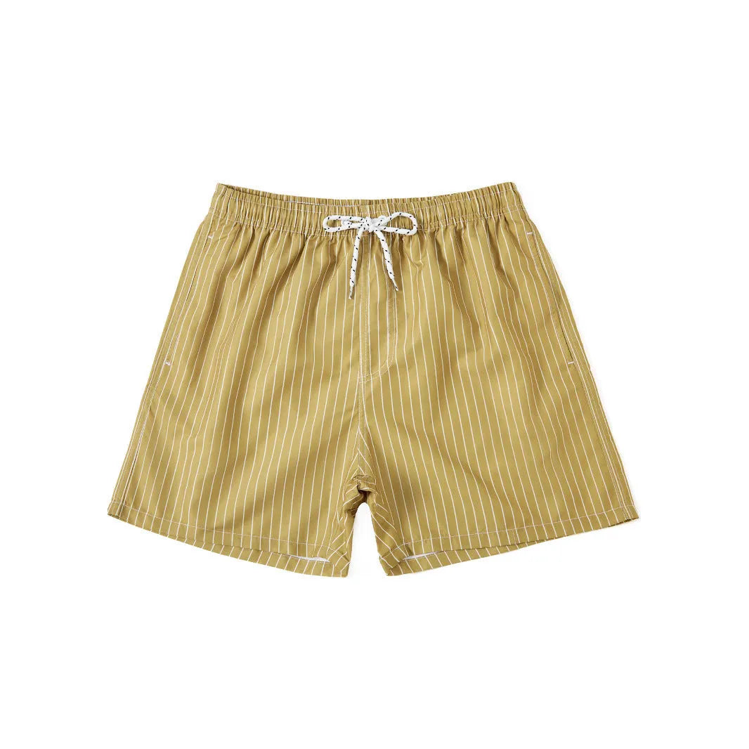 Men's striped polyester beach shorts in light blue with straight leg cut