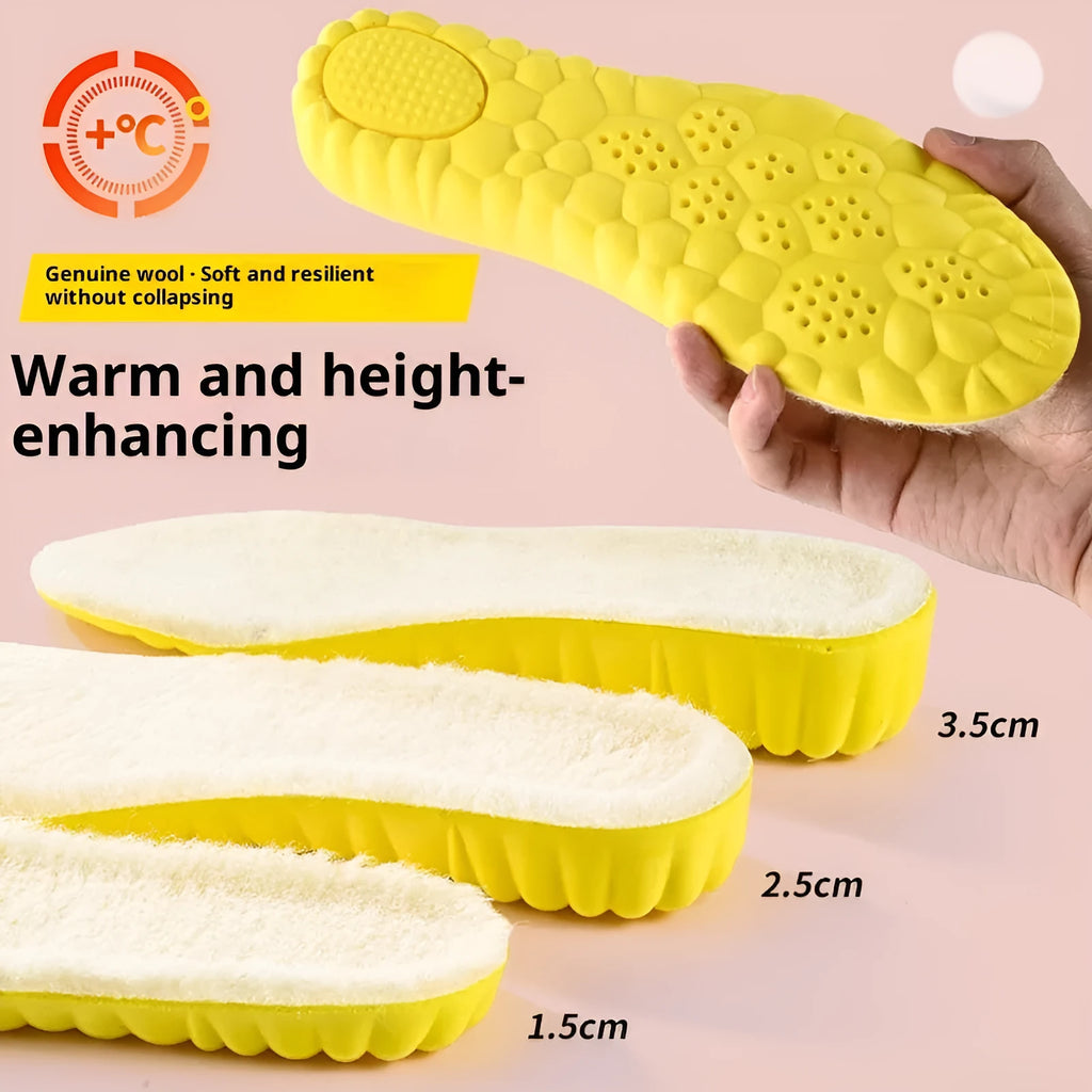 Wool fleece lined cloud height increasing insole in warm winter style, available in 1.5cm to 3.5cm heights, sizes 35-46