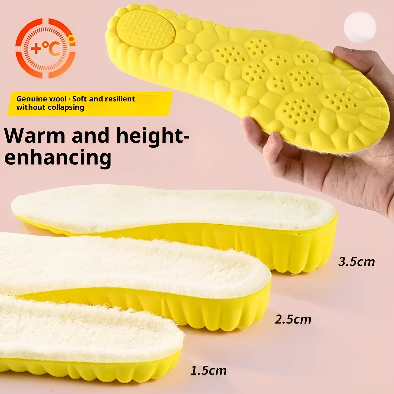 Wool fleece lined cloud height increasing insole in warm winter style, available in 1.5cm to 3.5cm heights, sizes 35-46