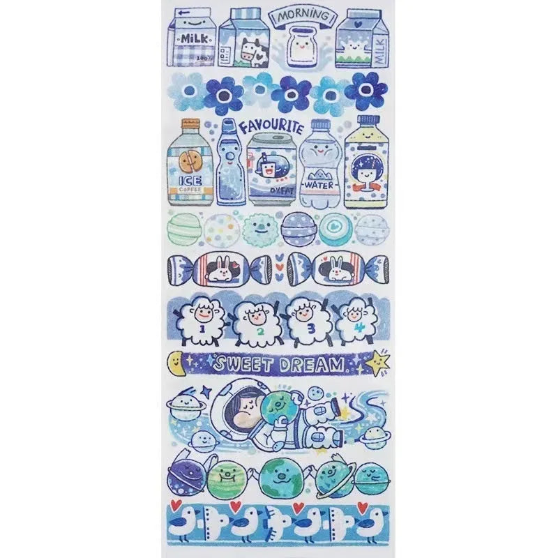 Sheet of cute cartoon character stickers for haemorrhoid tape packaging, printed on Japanese paper.