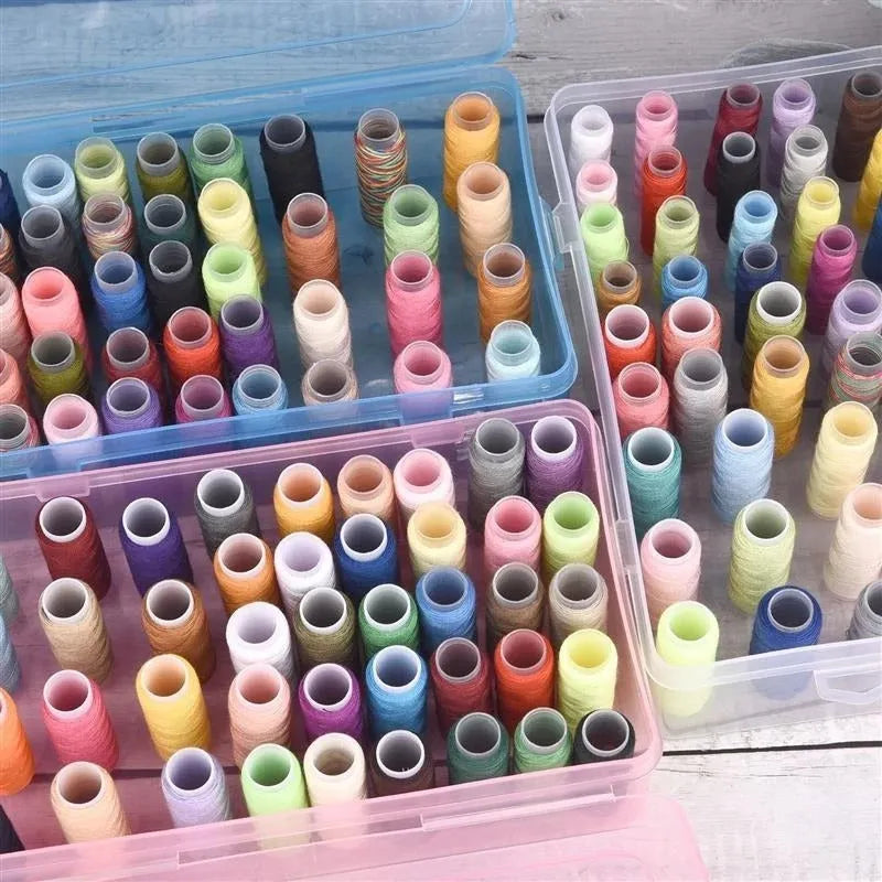 Transparent plastic embroidery thread storage box with 42 individual compartments.