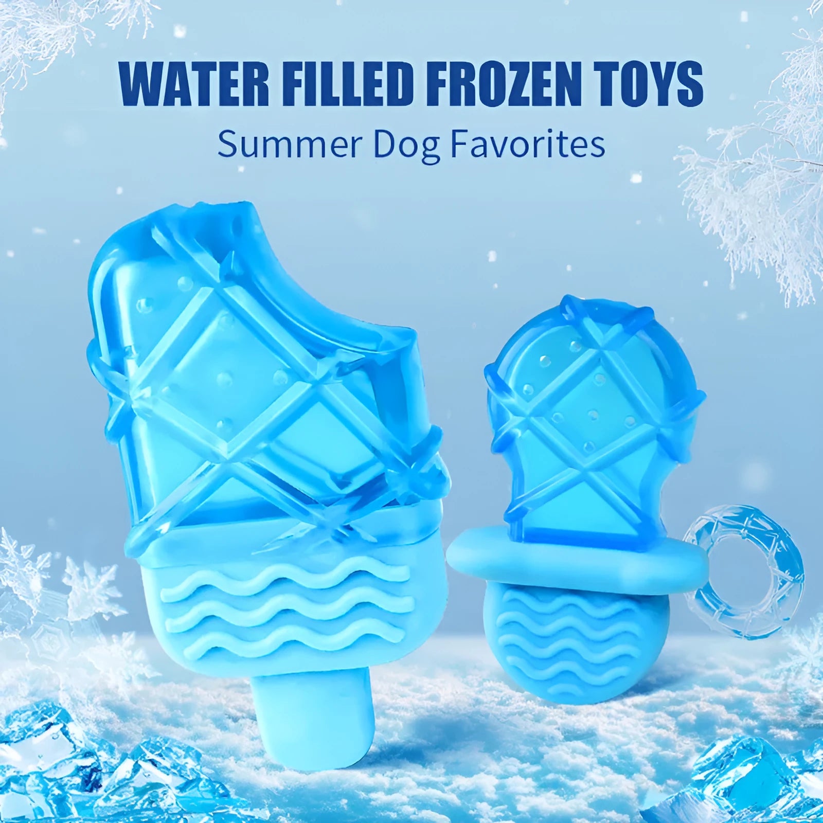 Set of three dog toys: a silicone pacifier, a freezable popsicle, and a silicone ring for cooling and chewing.
